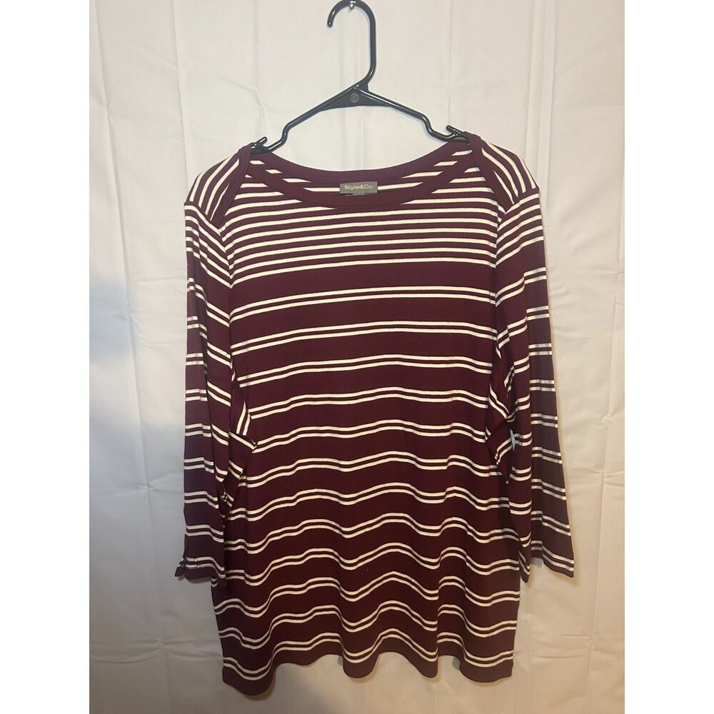 Style & Co 100% Pima Cotton Striped Top 3X Burgundy Maroon 3/4 Sleeve Plus Size